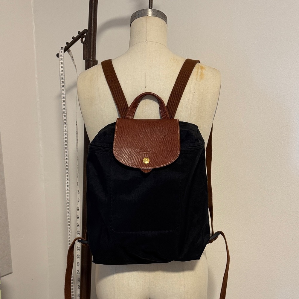 Longchamp Le Pliage Classic Black and Brown nylon backpack - foldable